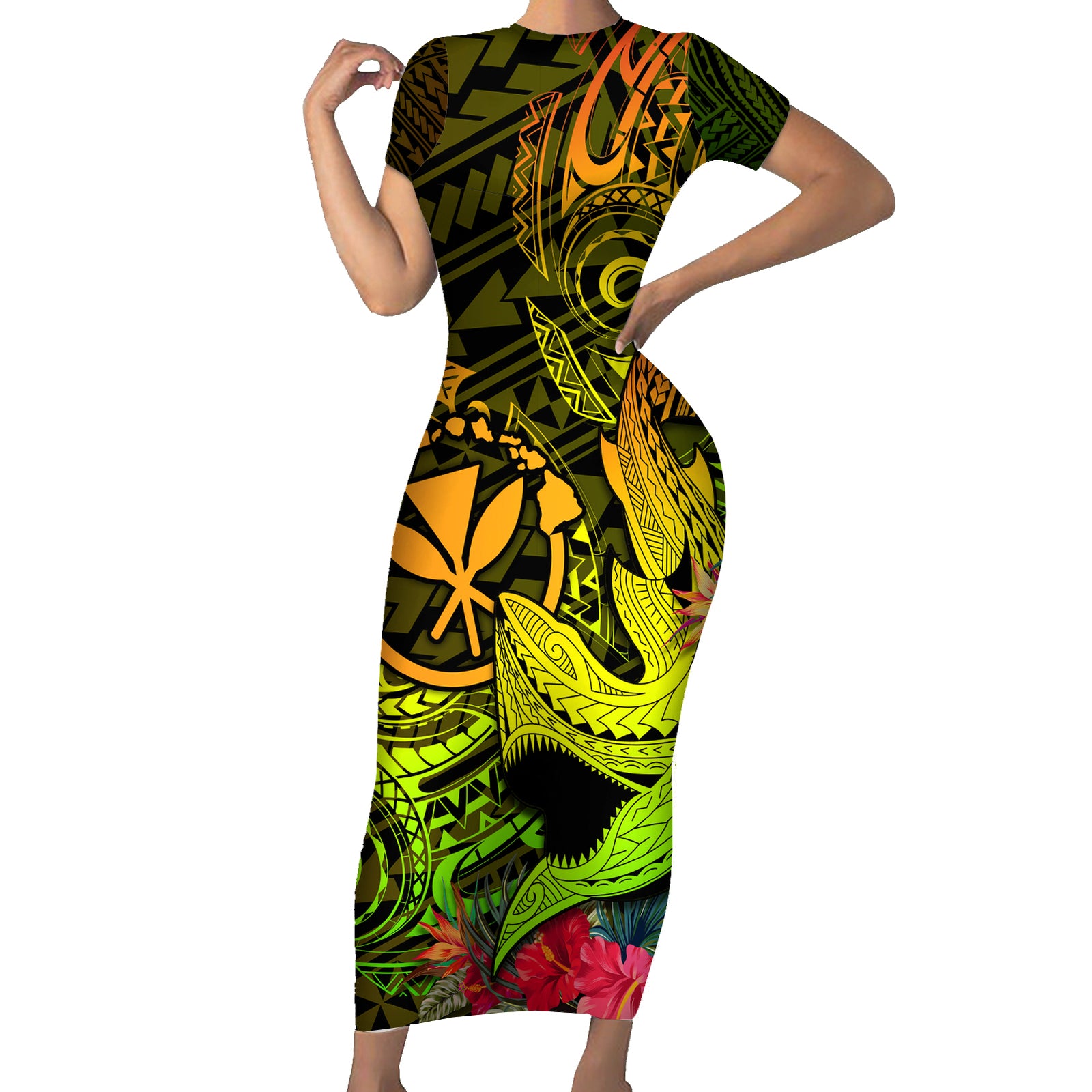 Hawaii Short Sleeve Bodycon Dress Kanaka Map With Polynesian Shark Tattoo Reggae Unique LT14 Long Dress Reggae - Polynesian Pride