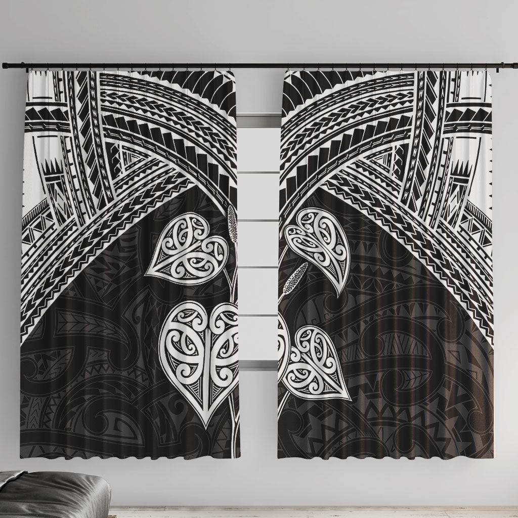 Black New Zealand Kawakawa Maori Ngaru Window Curtain LT14 With Hooks Black - Polynesian Pride