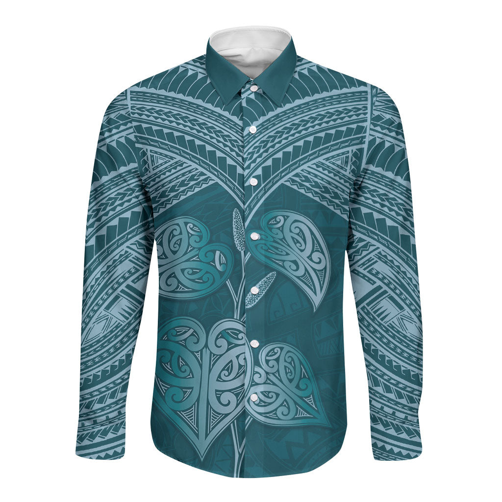 Cyan New Zealand Kawakawa Maori Ngaru Long Sleeve Button Shirt LT14 Unisex Cyan - Polynesian Pride
