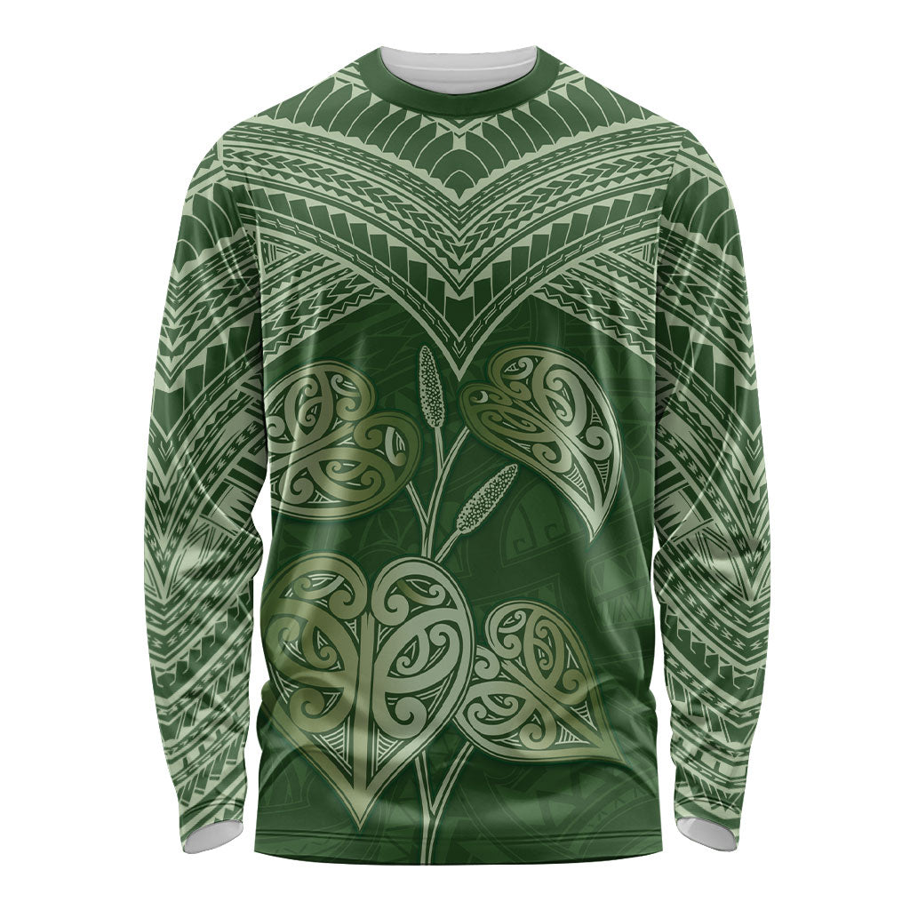 Green New Zealand Kawakawa Maori Ngaru Long Sleeve Shirt LT14 Unisex Green - Polynesian Pride