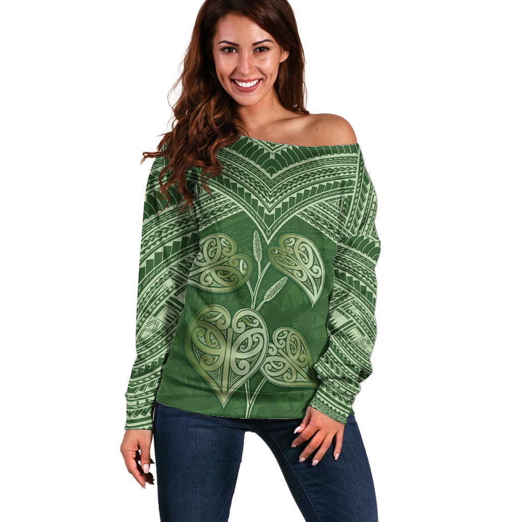 Green New Zealand Kawakawa Maori Ngaru Off Shoulder Sweater LT14 Women Green - Polynesian Pride