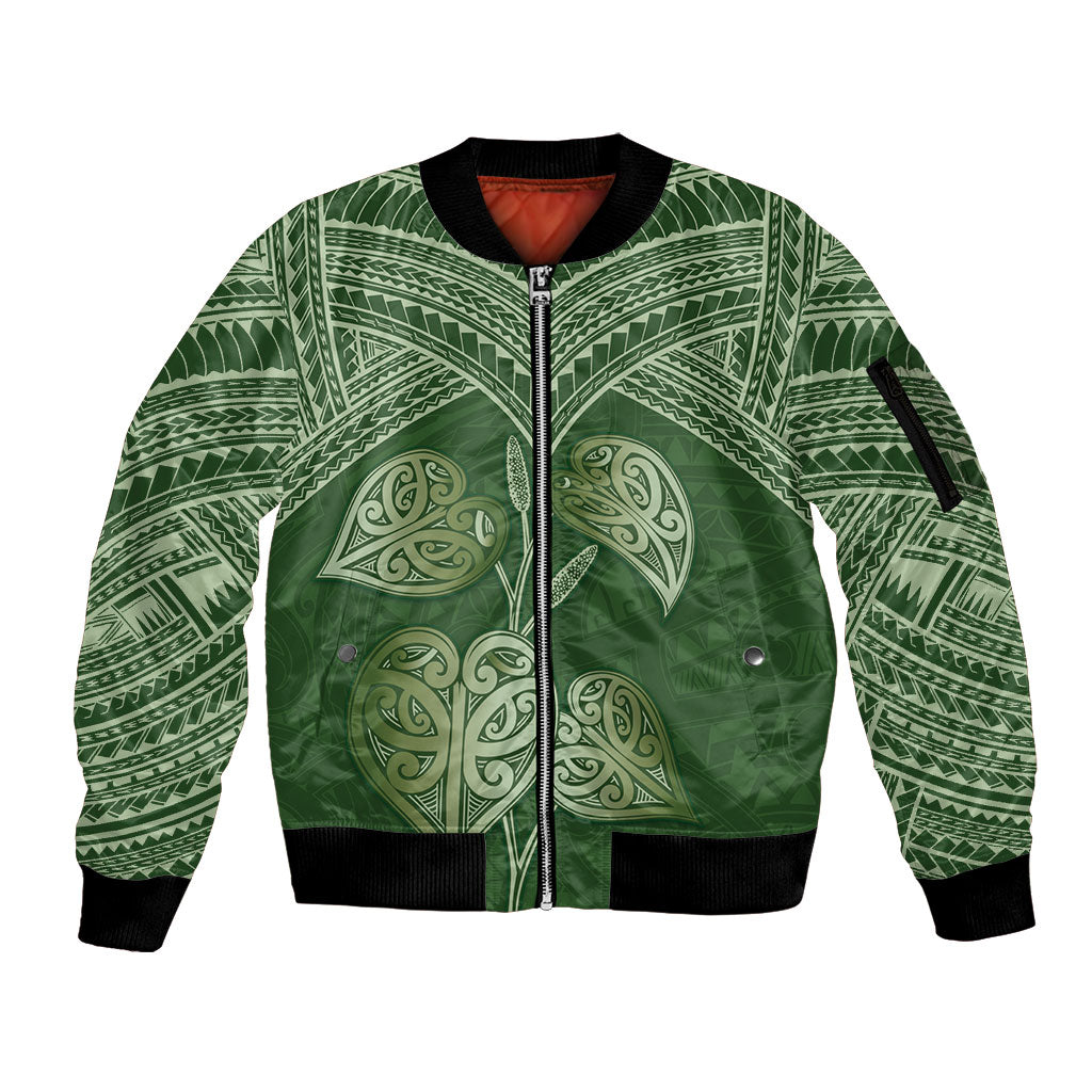 Green New Zealand Kawakawa Maori Ngaru Sleeve Zip Bomber Jacket LT14 Unisex Green - Polynesian Pride