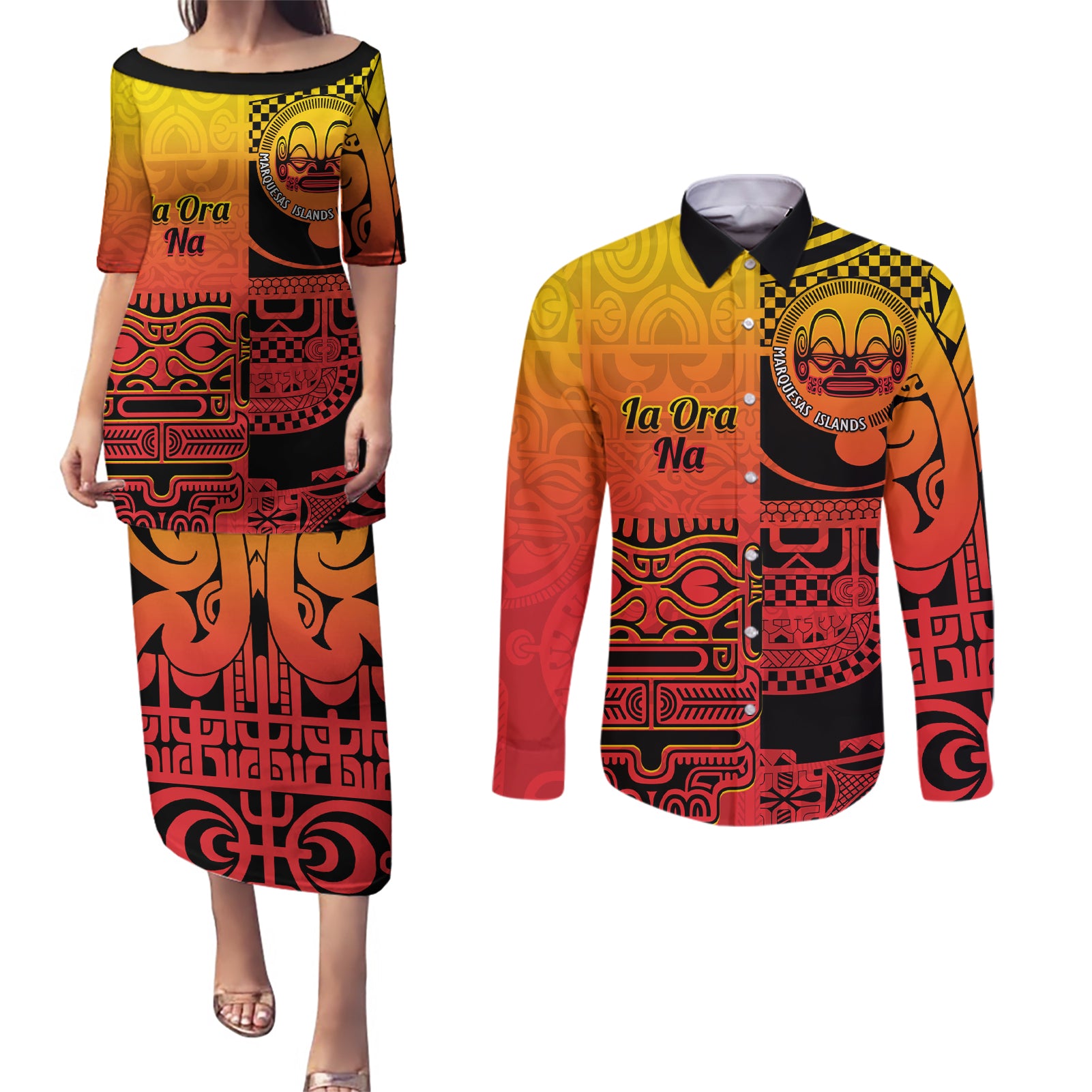 Personalised Ia Ora Na Marquesas Islands Couples Matching Puletasi and Long Sleeve Button Shirt Mata Tiki Marquesan Tattoo LT14 Red - Polynesian Pride