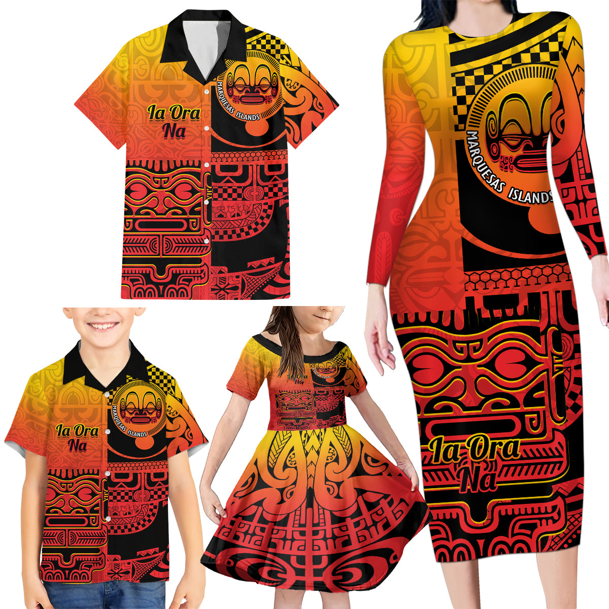 Personalised Ia Ora Na Marquesas Islands Family Matching Long Sleeve Bodycon Dress and Hawaiian Shirt Mata Tiki Marquesan Tattoo LT14 - Polynesian Pride