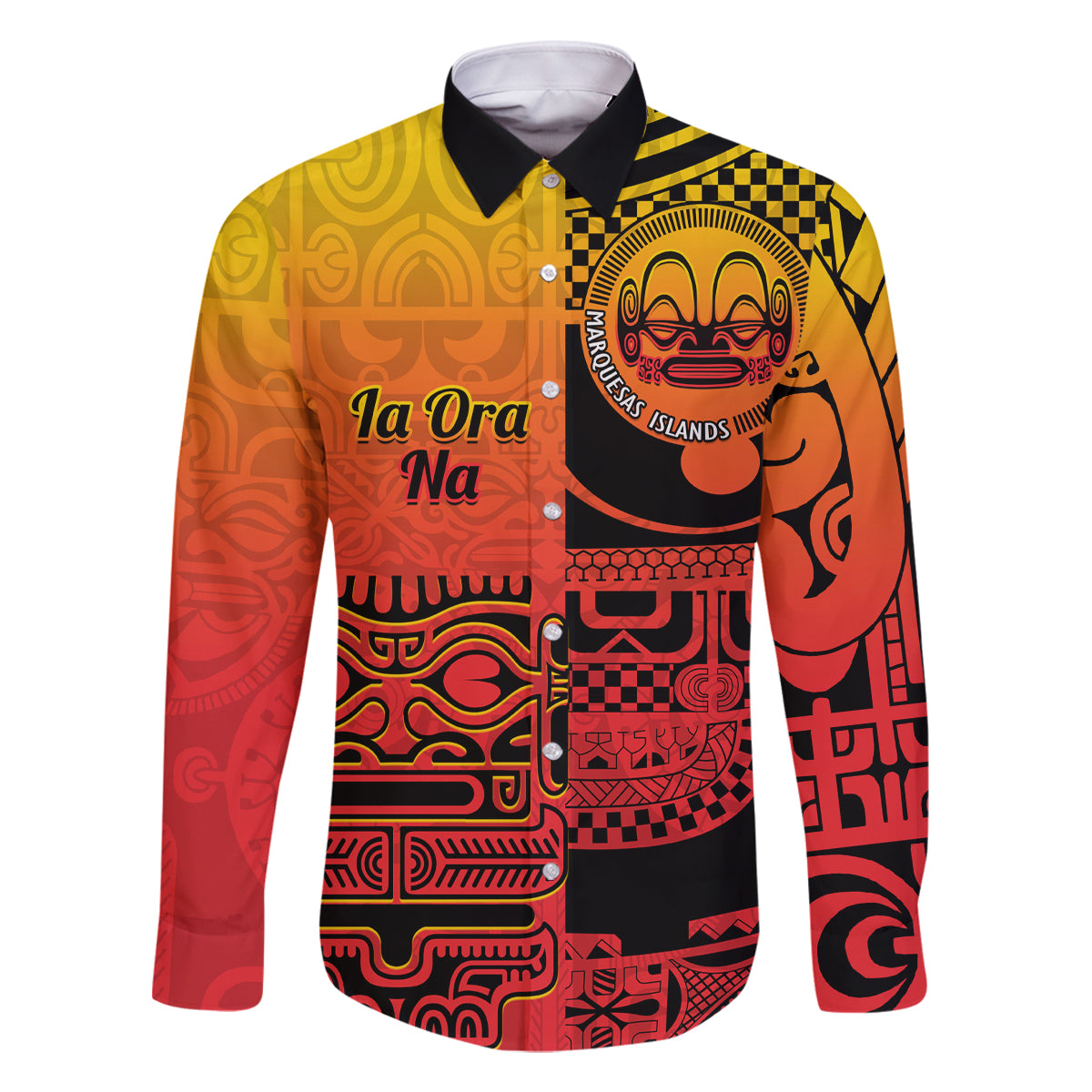 Personalised Ia Ora Na Marquesas Islands Family Matching Summer Maxi Dress and Hawaiian Shirt Mata Tiki Marquesan Tattoo LT14 Dad's Shirt - Long Sleeve Red - Polynesian Pride