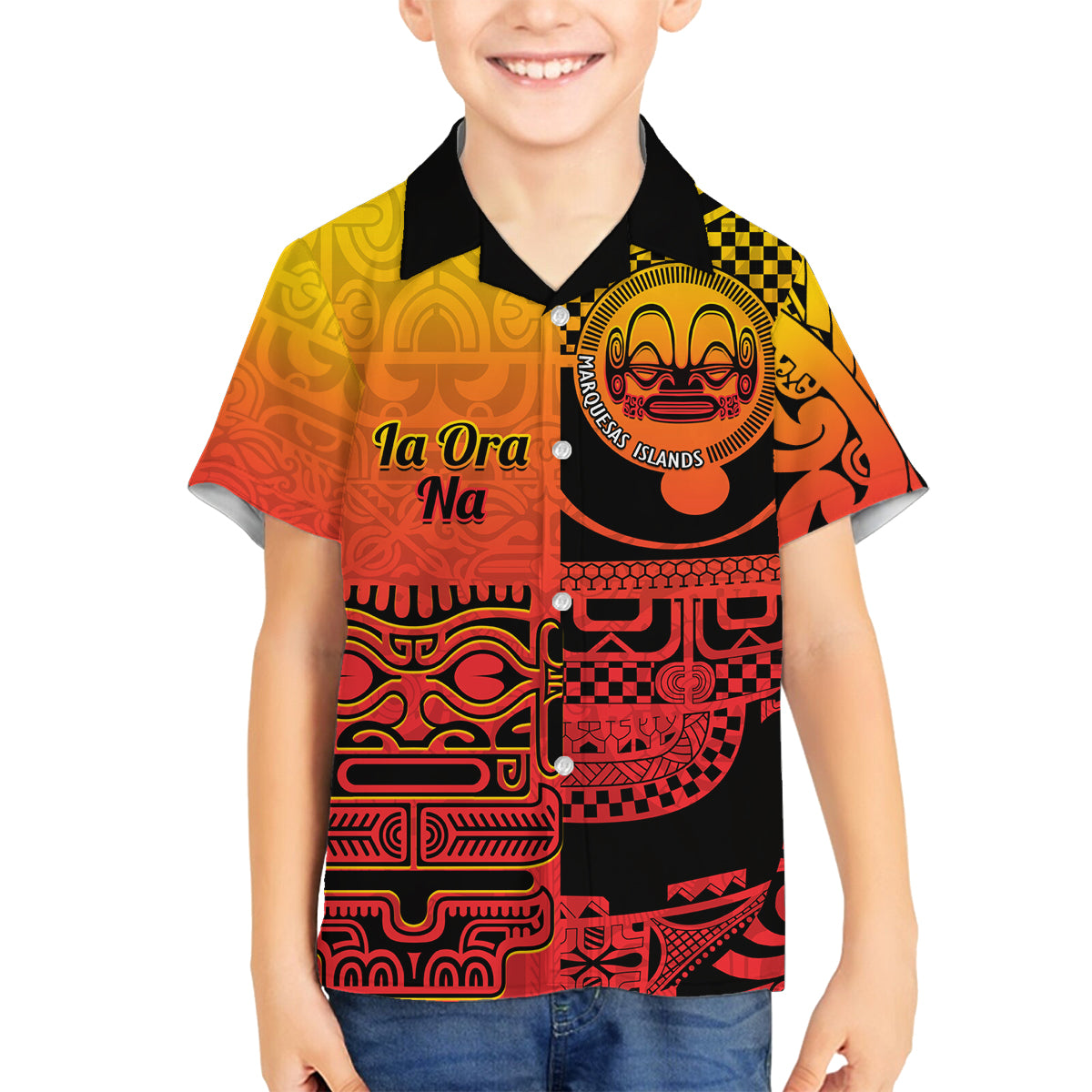 Personalised Ia Ora Na Marquesas Islands Family Matching Tank Maxi Dress and Hawaiian Shirt Mata Tiki Marquesan Tattoo LT14 Son's Shirt Red - Polynesian Pride