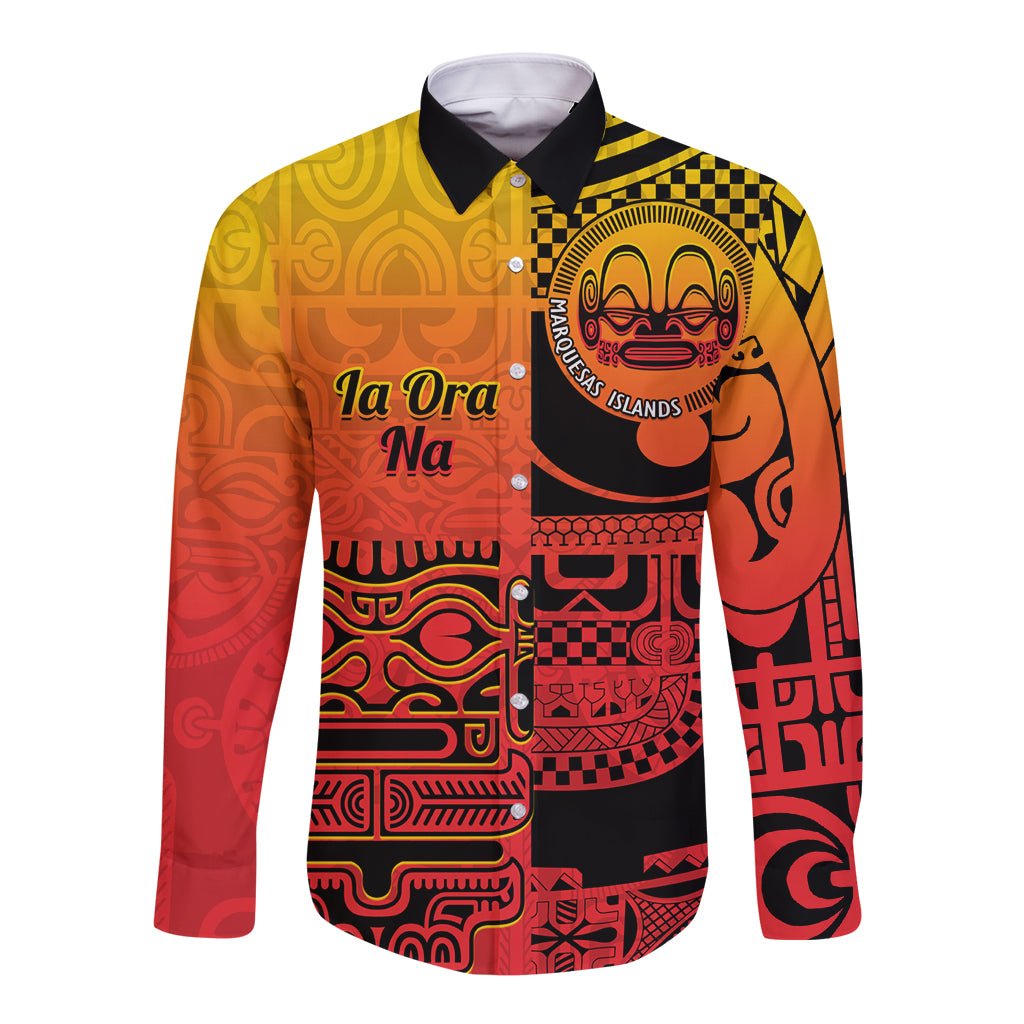 Personalised Ia Ora Na Marquesas Islands Long Sleeve Button Shirt Mata Tiki Marquesan Tattoo LT14 Unisex Red - Polynesian Pride