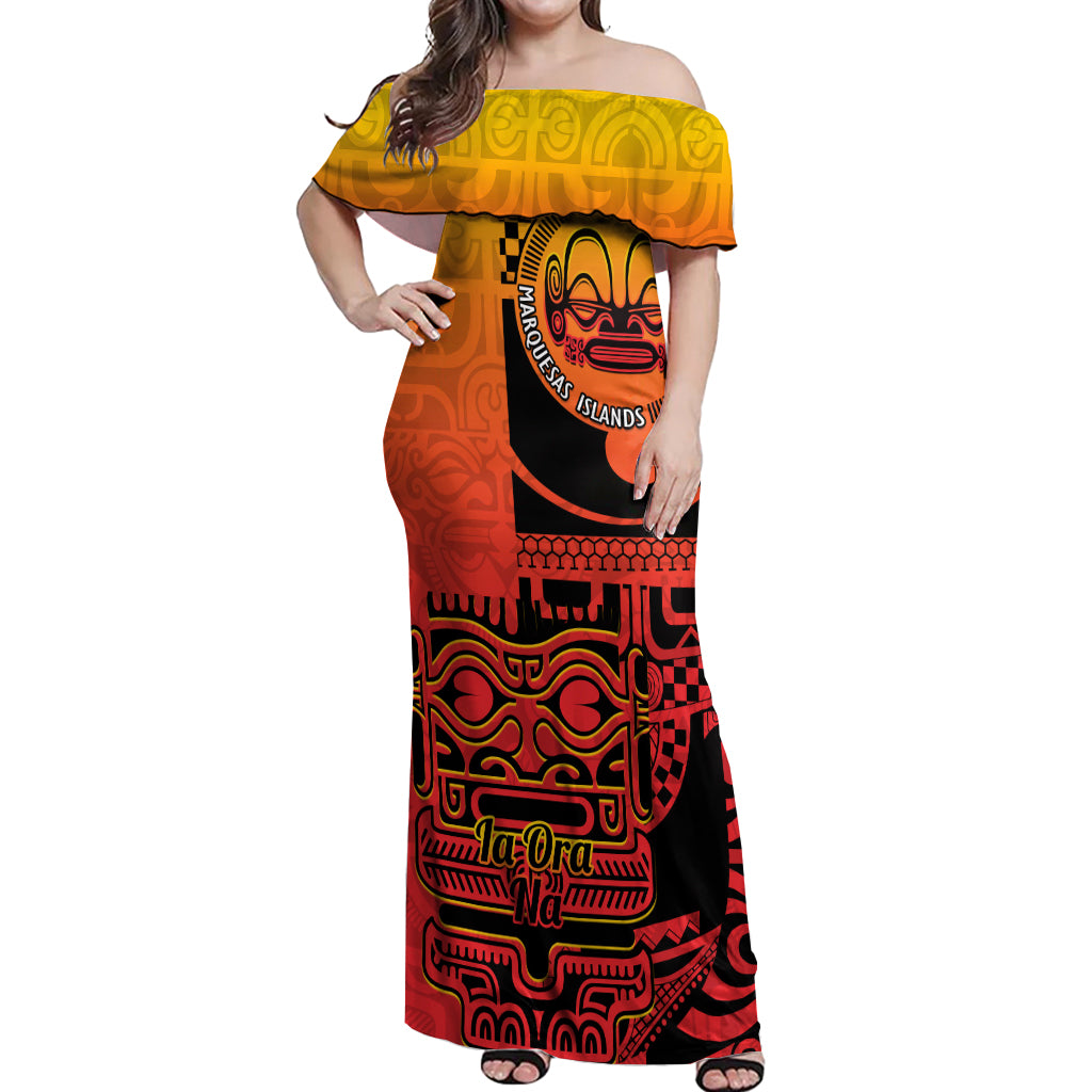 Personalised Ia Ora Na Marquesas Islands Off Shoulder Maxi Dress Mata Tiki Marquesan Tattoo LT14 Women Red - Polynesian Pride