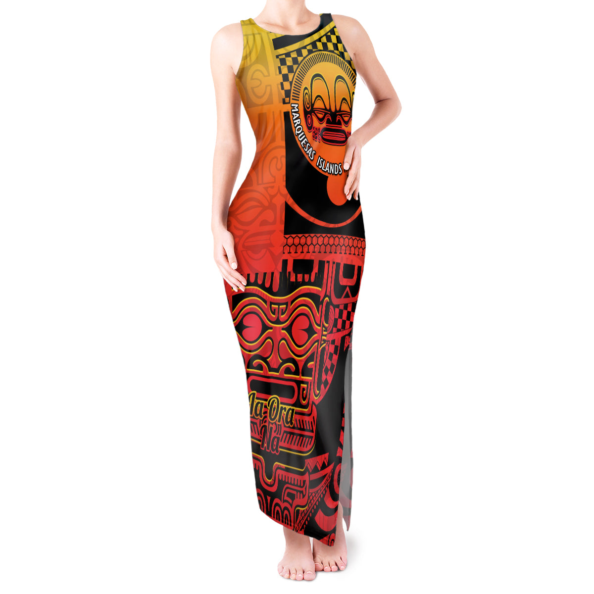 Personalised Ia Ora Na Marquesas Islands Tank Maxi Dress Mata Tiki Marquesan Tattoo LT14 Women Red - Polynesian Pride