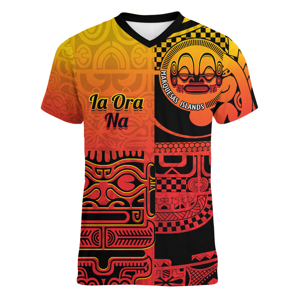 Personalised Ia Ora Na Marquesas Islands Women V Neck T Shirt Mata Tiki Marquesan Tattoo LT14 Female Red - Polynesian Pride