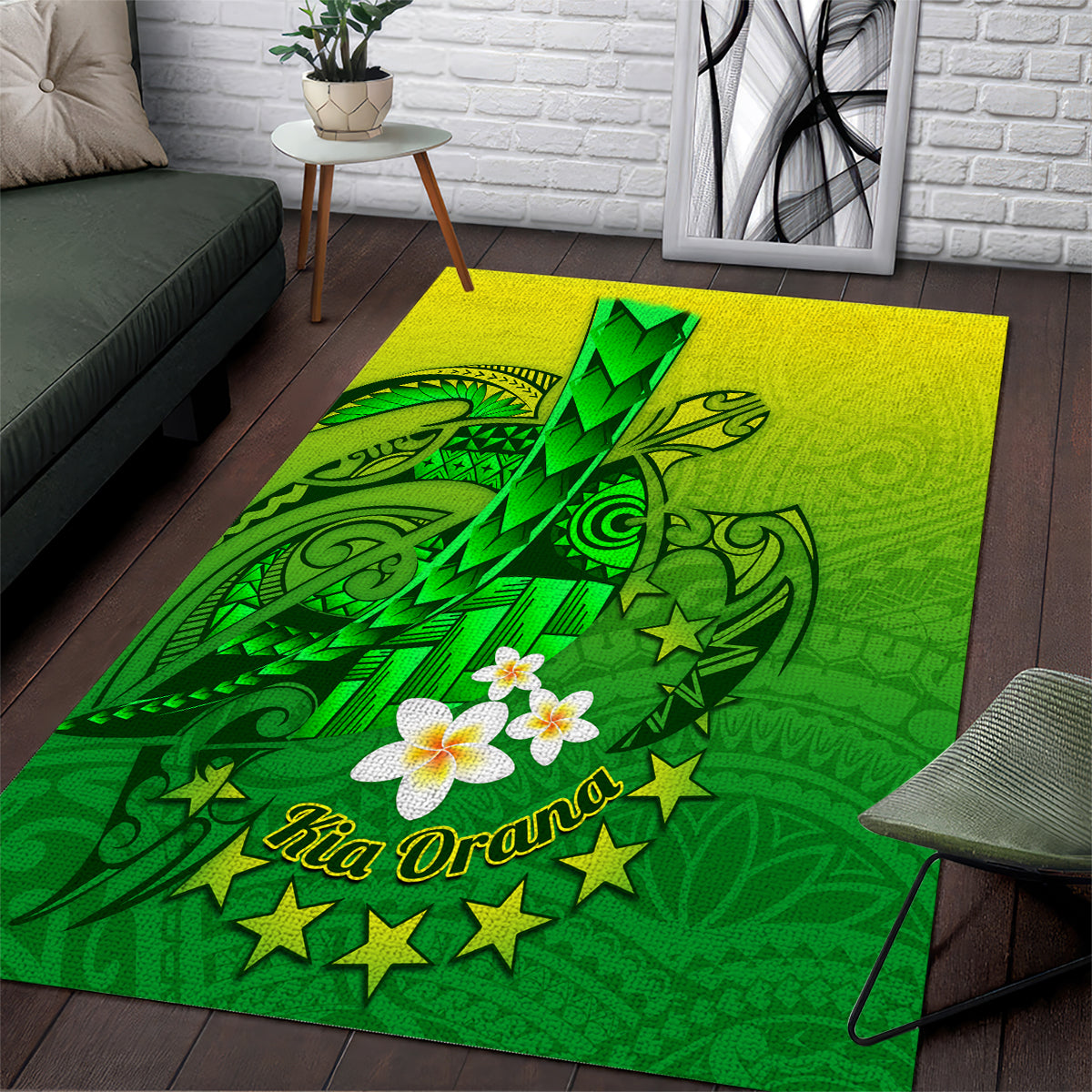 Kia Orana Cook Islands Area Rug Kuki Airani Tattoo Pattern With Sea Turtle LT14 Green - Polynesian Pride