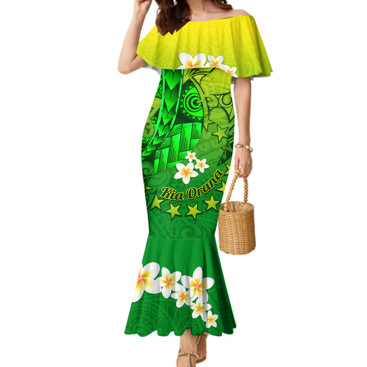 Kia Orana Cook Islands Family Matching Mermaid Dress and Hawaiian Shirt Kuki Airani Tattoo Pattern With Sea Turtle LT14 Mom's Dress Green - Polynesian Pride