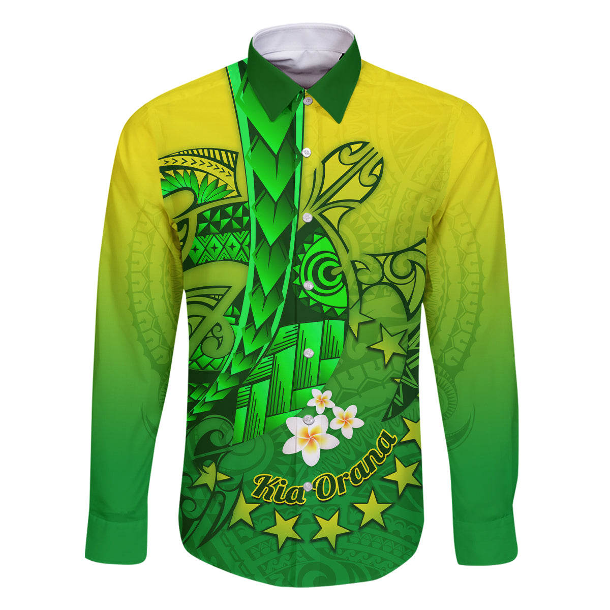 Kia Orana Cook Islands Family Matching Off Shoulder Maxi Dress and Hawaiian Shirt Kuki Airani Tattoo Pattern With Sea Turtle LT14 Dad's Shirt - Long Sleeve Green - Polynesian Pride