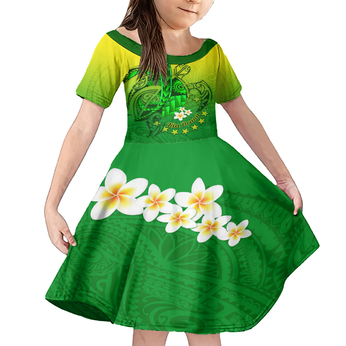 Kia Orana Cook Islands Family Matching Off Shoulder Short Dress and Hawaiian Shirt Kuki Airani Tattoo Pattern With Sea Turtle LT14 Daughter's Dress Green - Polynesian Pride