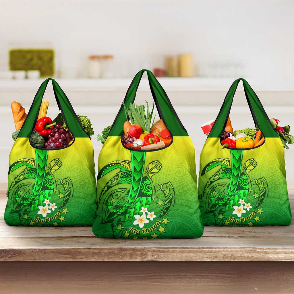 Kia Orana Cook Islands Grocery Bag Kuki Airani Tattoo Pattern With Sea Turtle LT14 3-pack One Size Green - Polynesian Pride