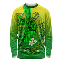 Kia Orana Cook Islands Long Sleeve Shirt Kuki Airani Tattoo Pattern With Sea Turtle LT14 Unisex Green - Polynesian Pride