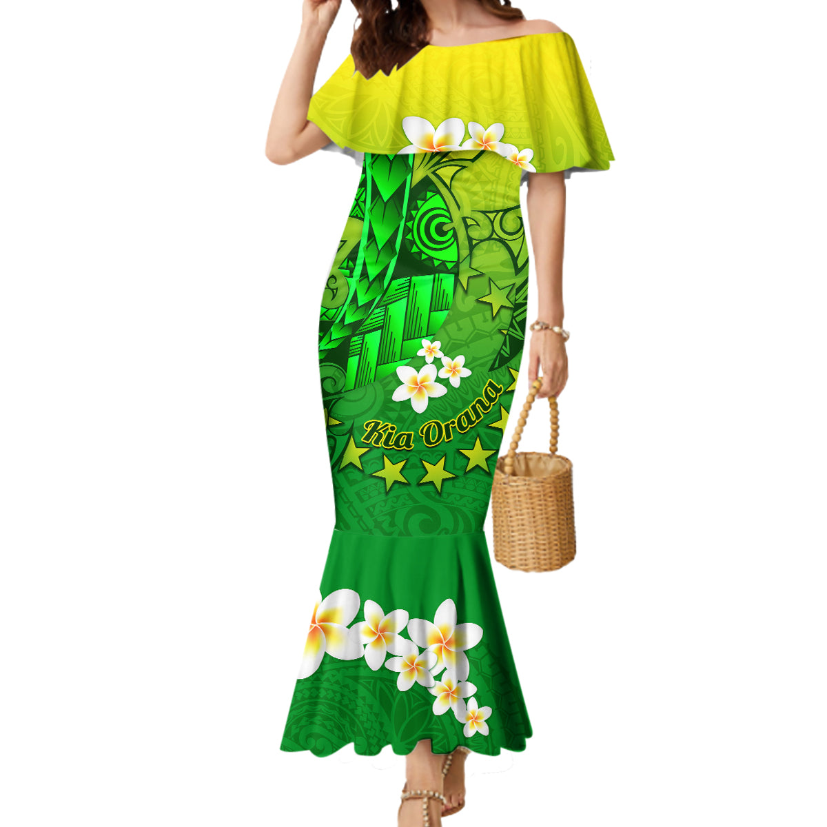 Kia Orana Cook Islands Mermaid Dress Kuki Airani Tattoo Pattern With Sea Turtle LT14 Women Green - Polynesian Pride