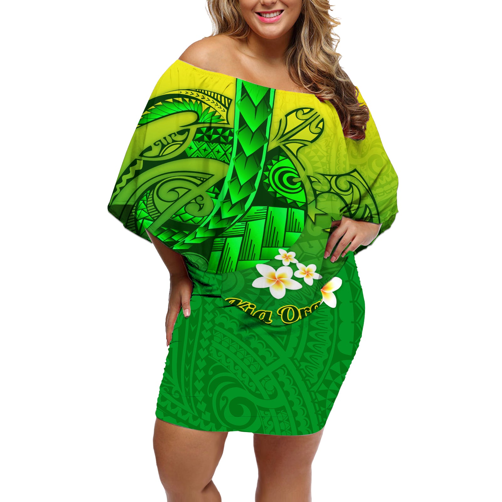 Kia Orana Cook Islands Off Shoulder Short Dress Kuki Airani Tattoo Pattern With Sea Turtle LT14 Women Green - Polynesian Pride