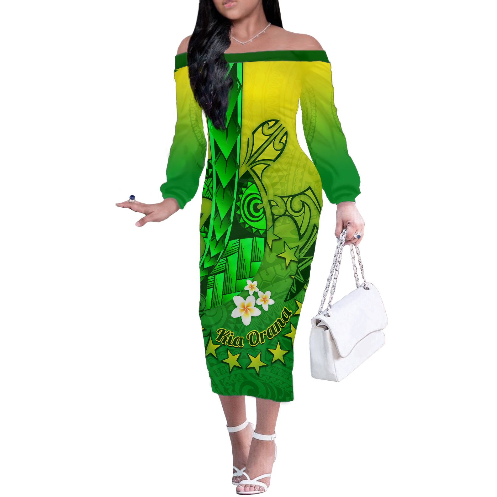 Kia Orana Cook Islands Off The Shoulder Long Sleeve Dress Kuki Airani Tattoo Pattern With Sea Turtle LT14 Women Green - Polynesian Pride