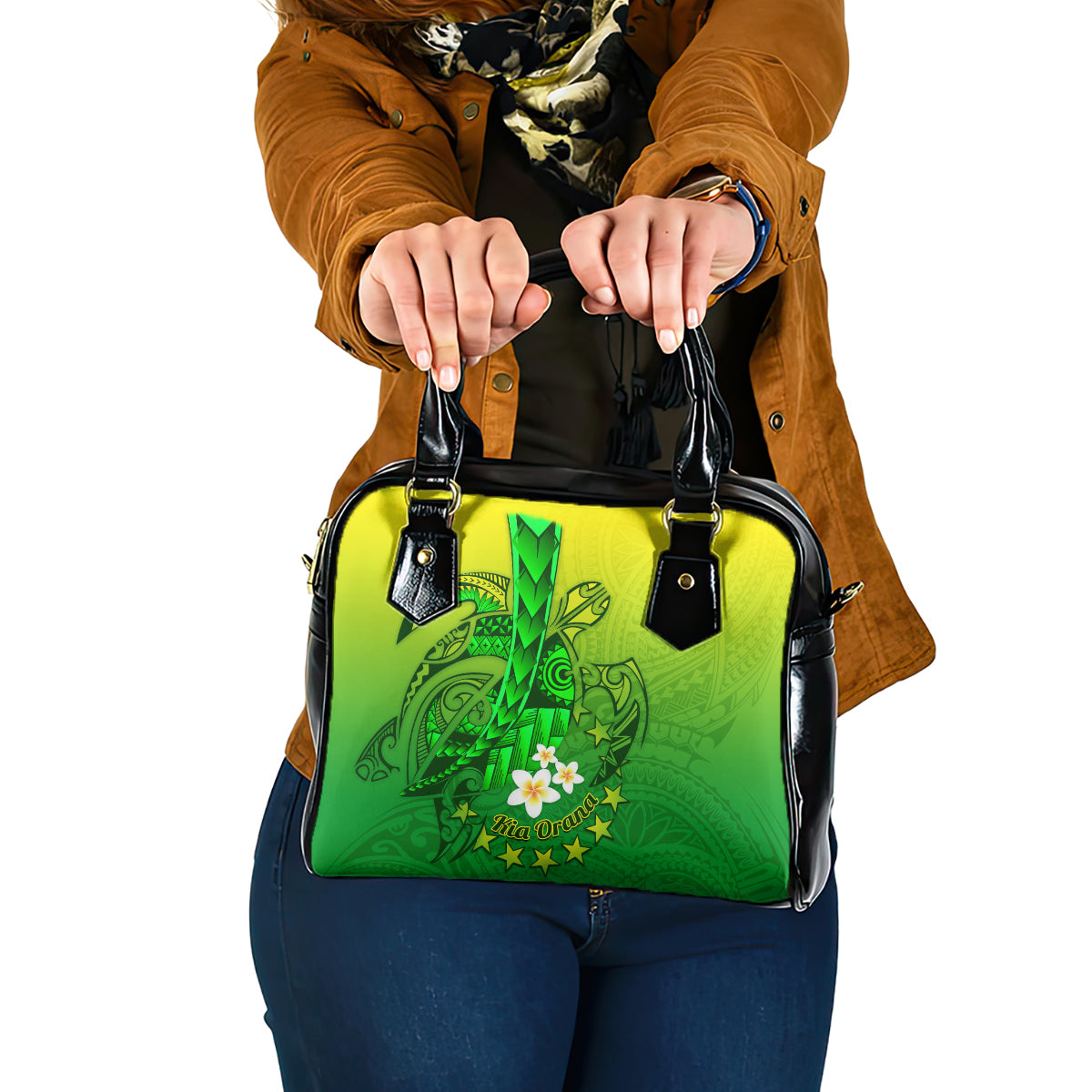 Kia Orana Cook Islands Shoulder Handbag Kuki Airani Tattoo Pattern With Sea Turtle LT14 One Size Green - Polynesian Pride