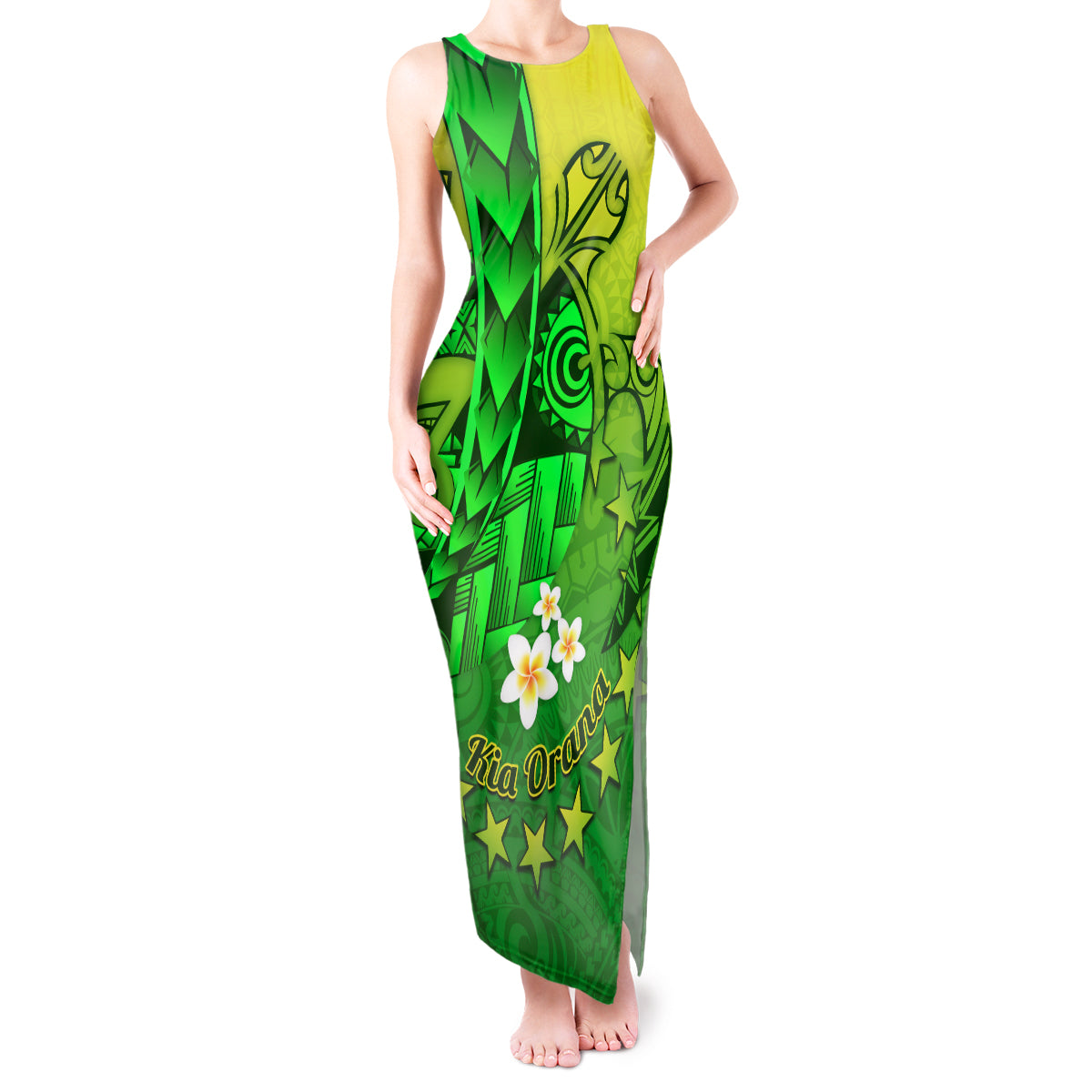 Kia Orana Cook Islands Tank Maxi Dress Kuki Airani Tattoo Pattern With Sea Turtle LT14 Women Green - Polynesian Pride