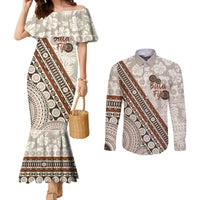 Bula Fiji Couples Matching Mermaid Dress and Long Sleeve Button Shirt Fijian Masi Tapa Cloth Vintage Vibes LT14 Beige - Polynesian Pride
