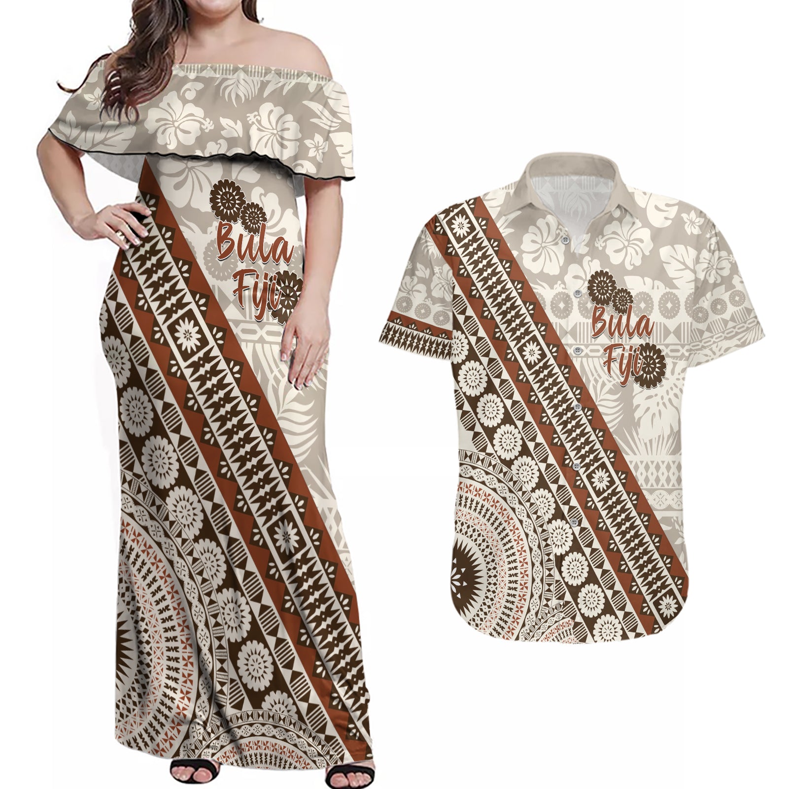 Bula Fiji Couples Matching Off Shoulder Maxi Dress and Hawaiian Shirt Fijian Masi Tapa Cloth Vintage Vibes LT14 Beige - Polynesian Pride