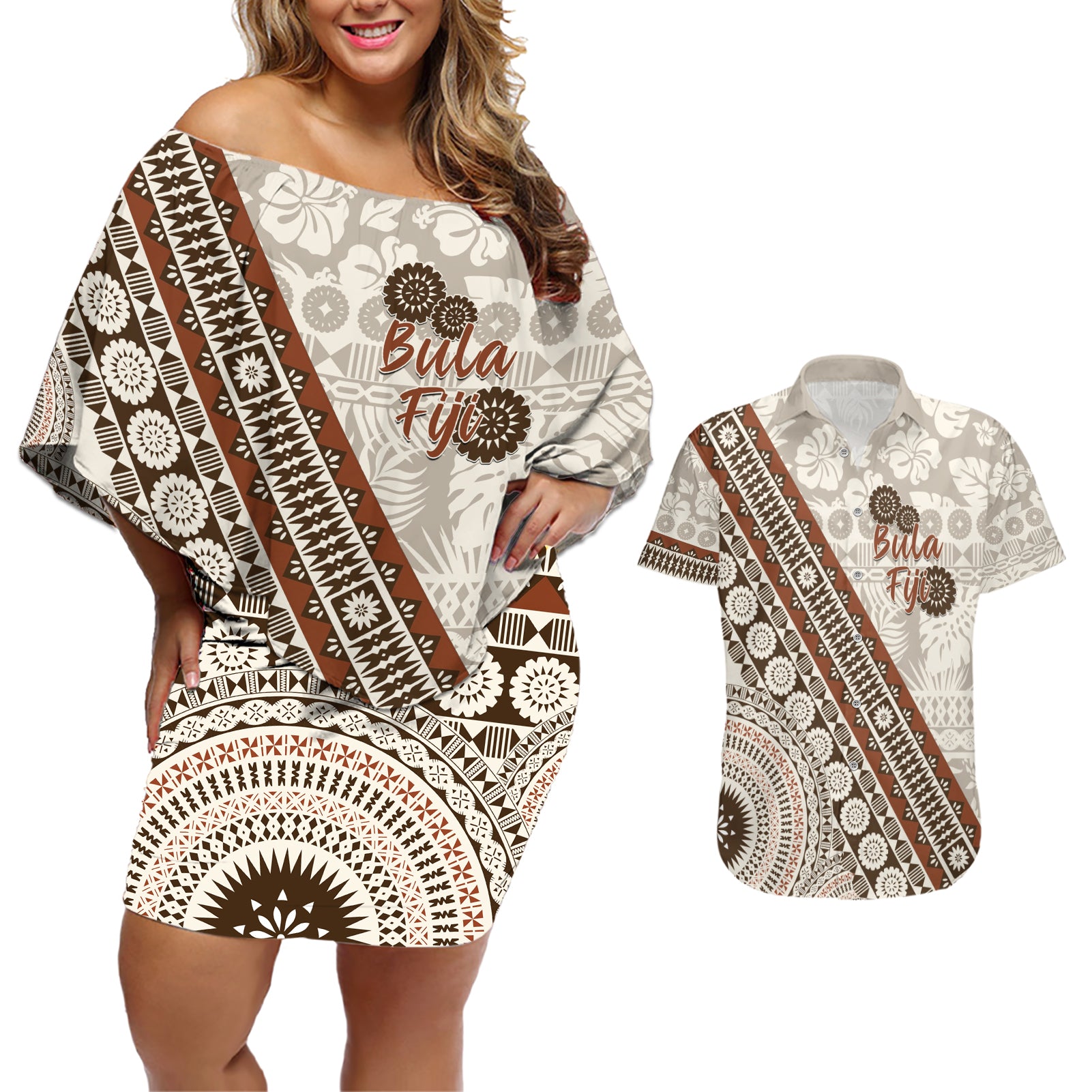 Bula Fiji Couples Matching Off Shoulder Short Dress and Hawaiian Shirt Fijian Masi Tapa Cloth Vintage Vibes LT14 Beige - Polynesian Pride