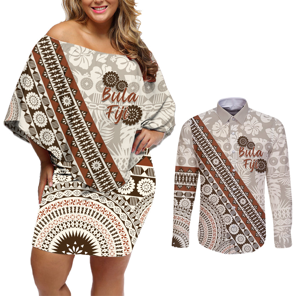 Bula Fiji Couples Matching Off Shoulder Short Dress and Long Sleeve Button Shirt Fijian Masi Tapa Cloth Vintage Vibes LT14 Beige - Polynesian Pride