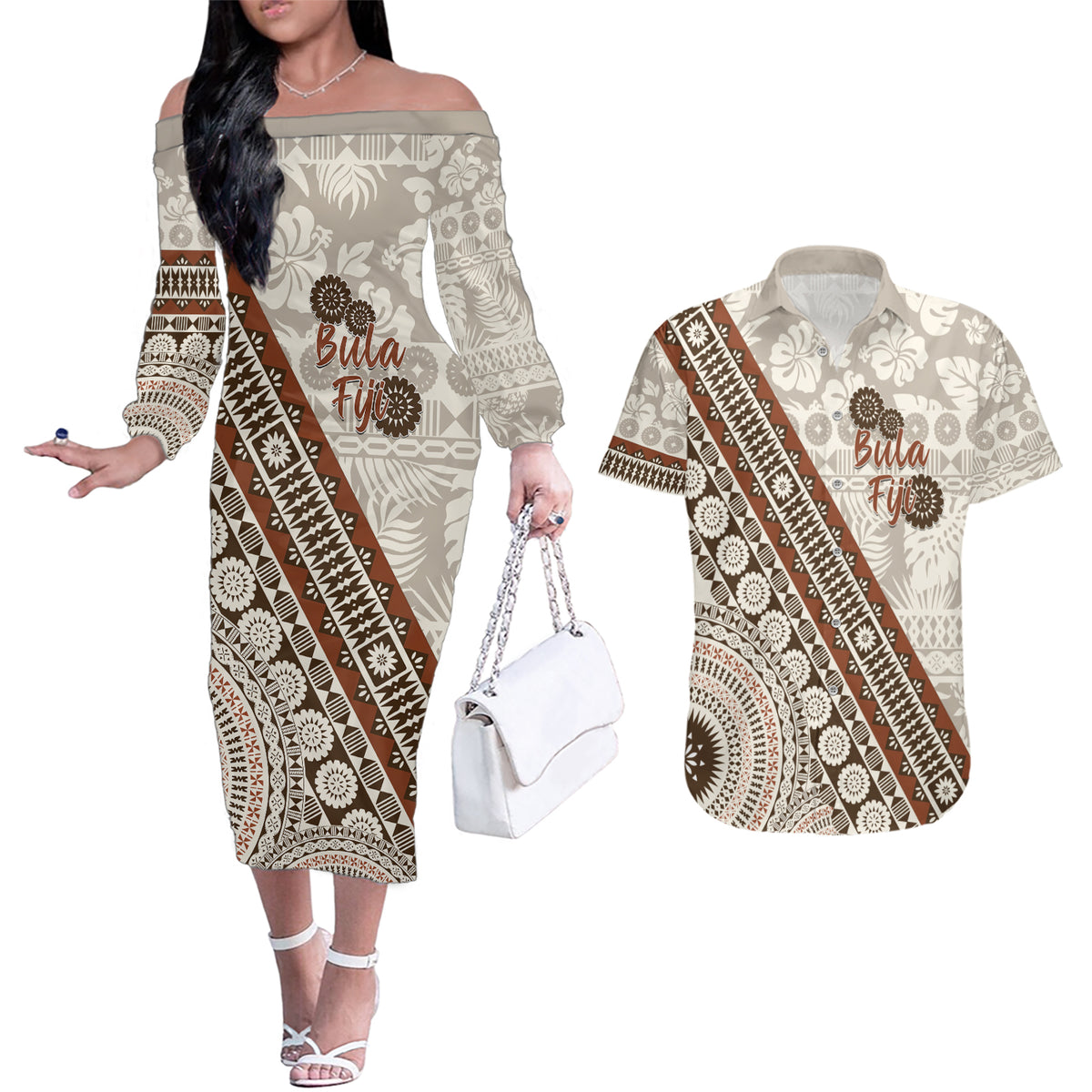 Bula Fiji Couples Matching Off The Shoulder Long Sleeve Dress and Hawaiian Shirt Fijian Masi Tapa Cloth Vintage Vibes LT14 Beige - Polynesian Pride