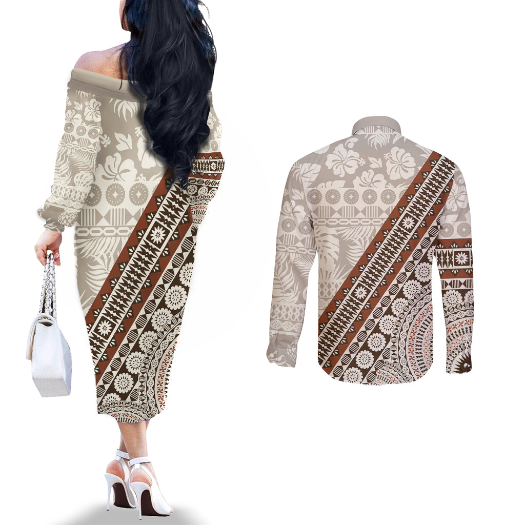 Bula Fiji Couples Matching Off The Shoulder Long Sleeve Dress and Long Sleeve Button Shirt Fijian Masi Tapa Cloth Vintage Vibes LT14 - Polynesian Pride