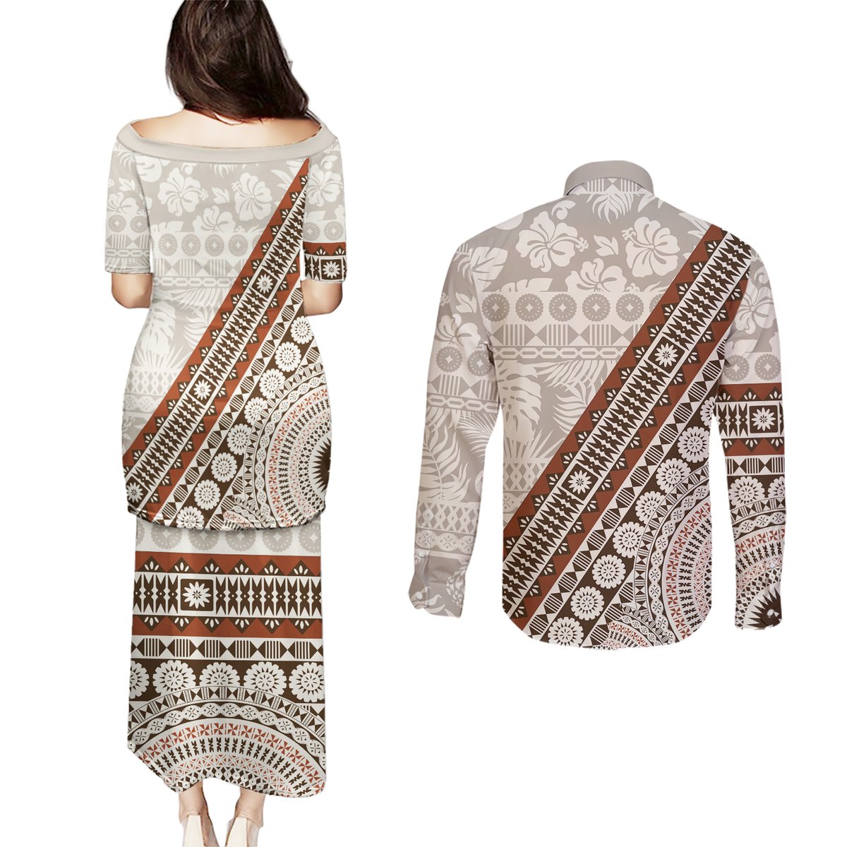 Bula Fiji Couples Matching Puletasi and Long Sleeve Button Shirt Fijian Masi Tapa Cloth Vintage Vibes LT14 - Polynesian Pride