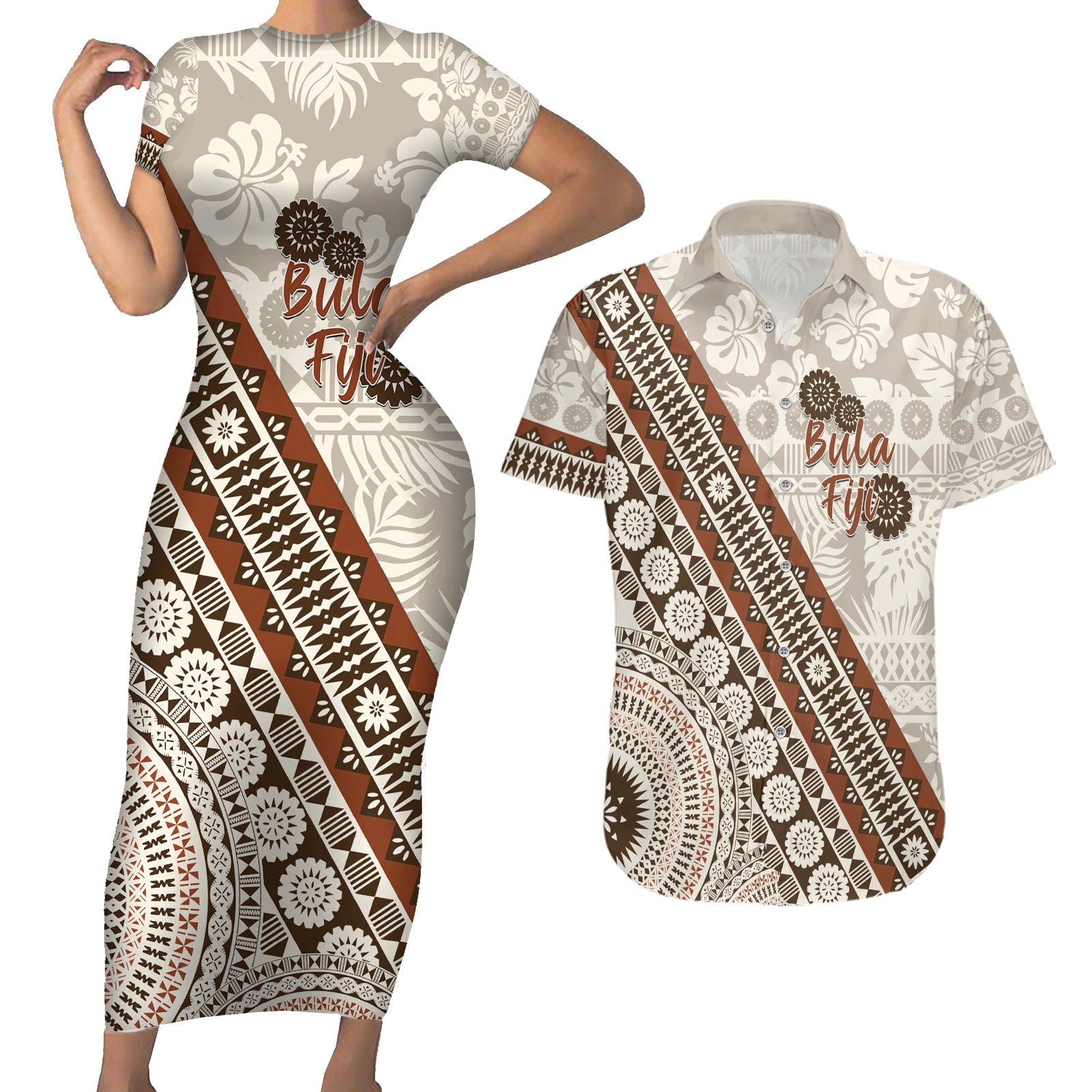 Bula Fiji Couples Matching Short Sleeve Bodycon Dress and Hawaiian Shirt Fijian Masi Tapa Cloth Vintage Vibes LT14 Beige - Polynesian Pride