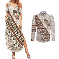 Bula Fiji Couples Matching Summer Maxi Dress and Long Sleeve Button Shirt Fijian Masi Tapa Cloth Vintage Vibes LT14 Beige - Polynesian Pride
