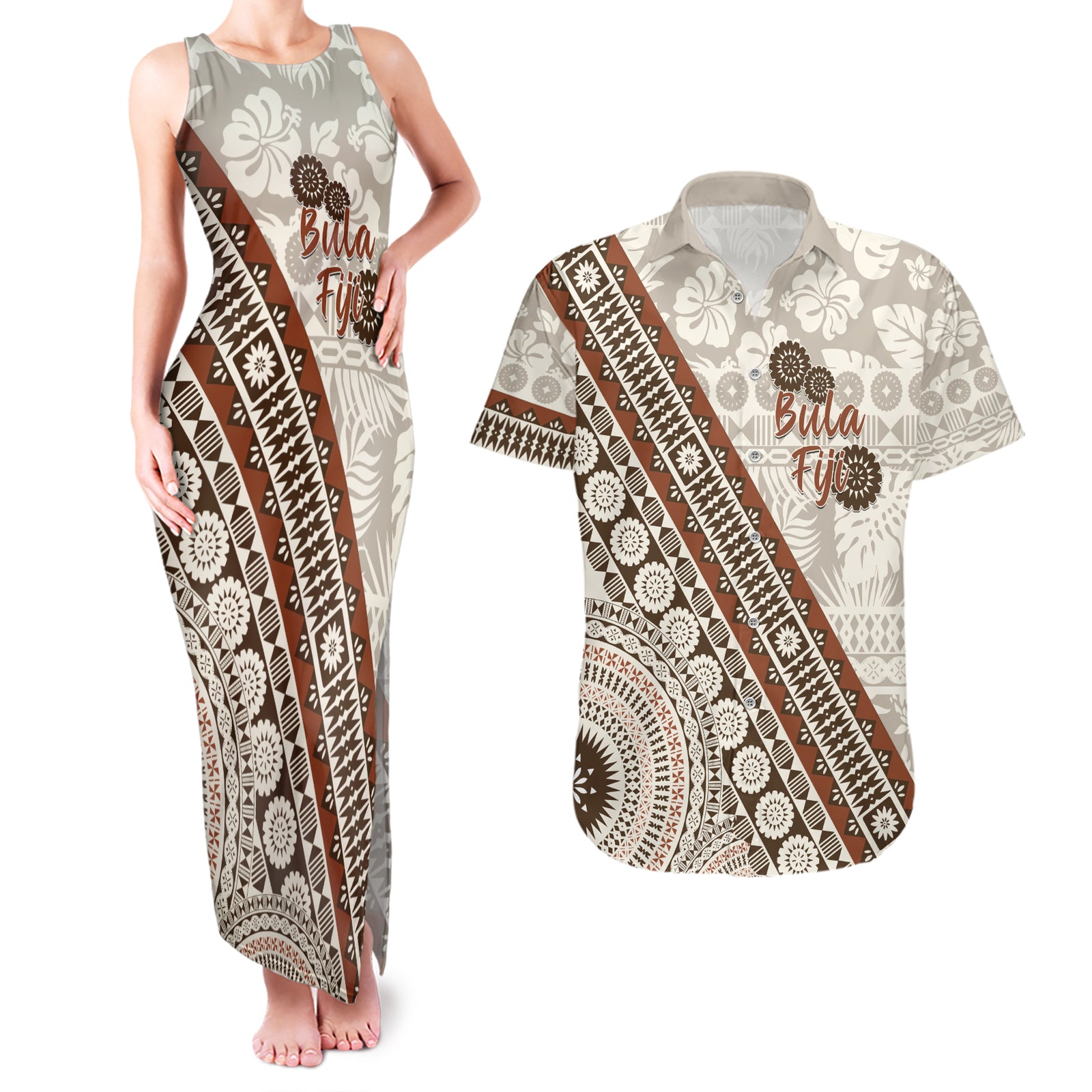 Bula Fiji Couples Matching Tank Maxi Dress and Hawaiian Shirt Fijian Masi Tapa Cloth Vintage Vibes LT14 Beige - Polynesian Pride