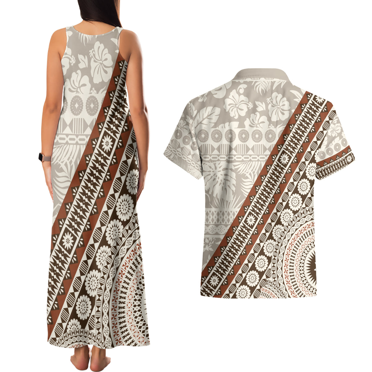 Bula Fiji Couples Matching Tank Maxi Dress and Hawaiian Shirt Fijian Masi Tapa Cloth Vintage Vibes LT14 - Polynesian Pride