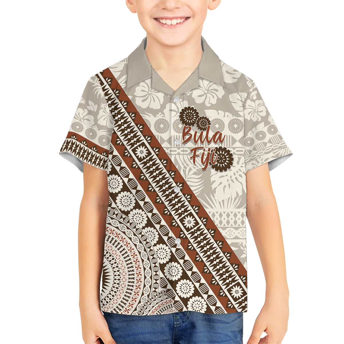Bula Fiji Family Matching Long Sleeve Bodycon Dress and Hawaiian Shirt Fijian Masi Tapa Cloth Vintage Vibes LT14 Son's Shirt Beige - Polynesian Pride