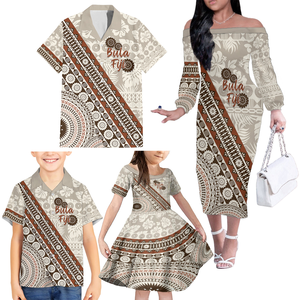 Bula Fiji Family Matching Off Shoulder Long Sleeve Dress and Hawaiian Shirt Fijian Masi Tapa Cloth Vintage Vibes LT14 - Polynesian Pride