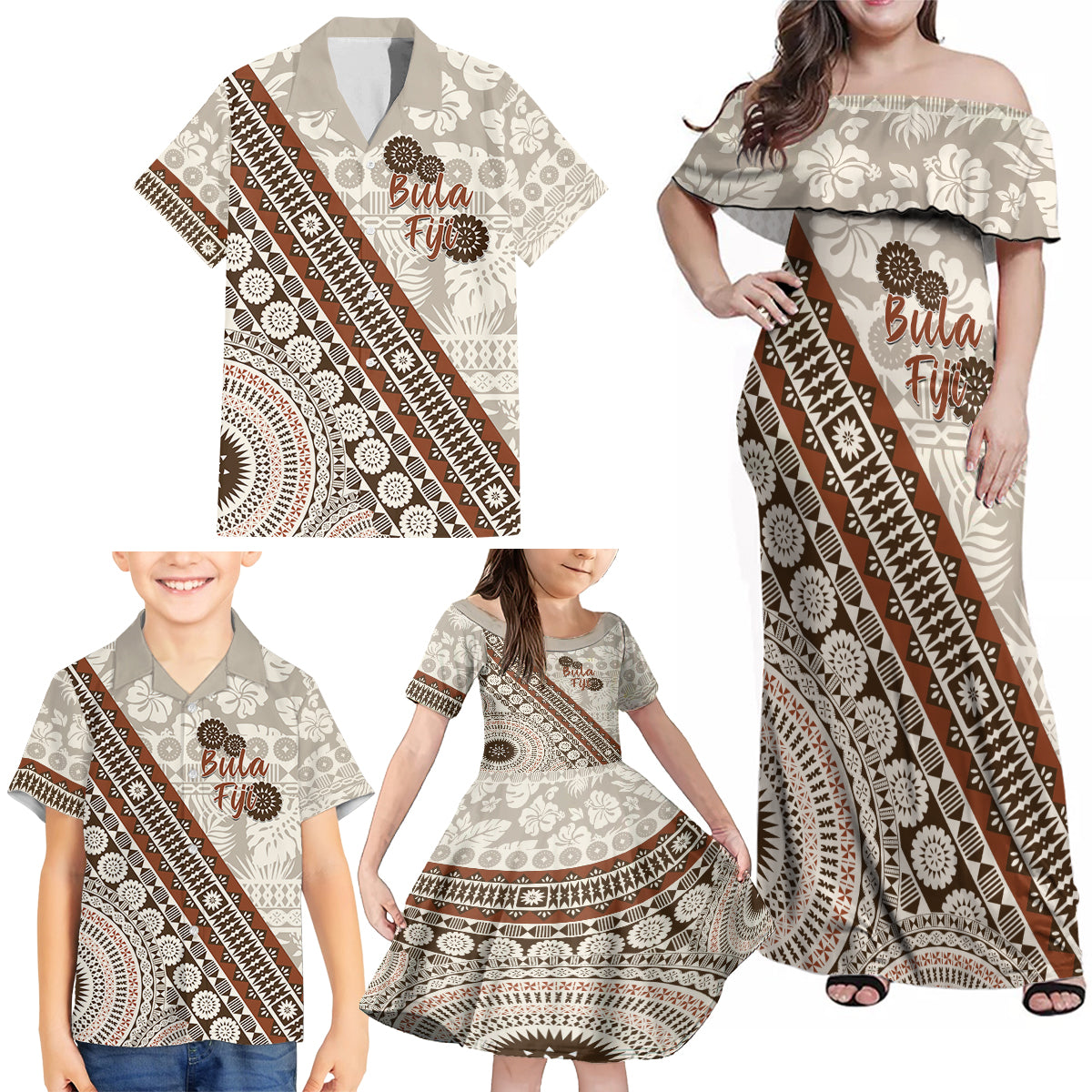 Bula Fiji Family Matching Off Shoulder Maxi Dress and Hawaiian Shirt Fijian Masi Tapa Cloth Vintage Vibes LT14 - Polynesian Pride