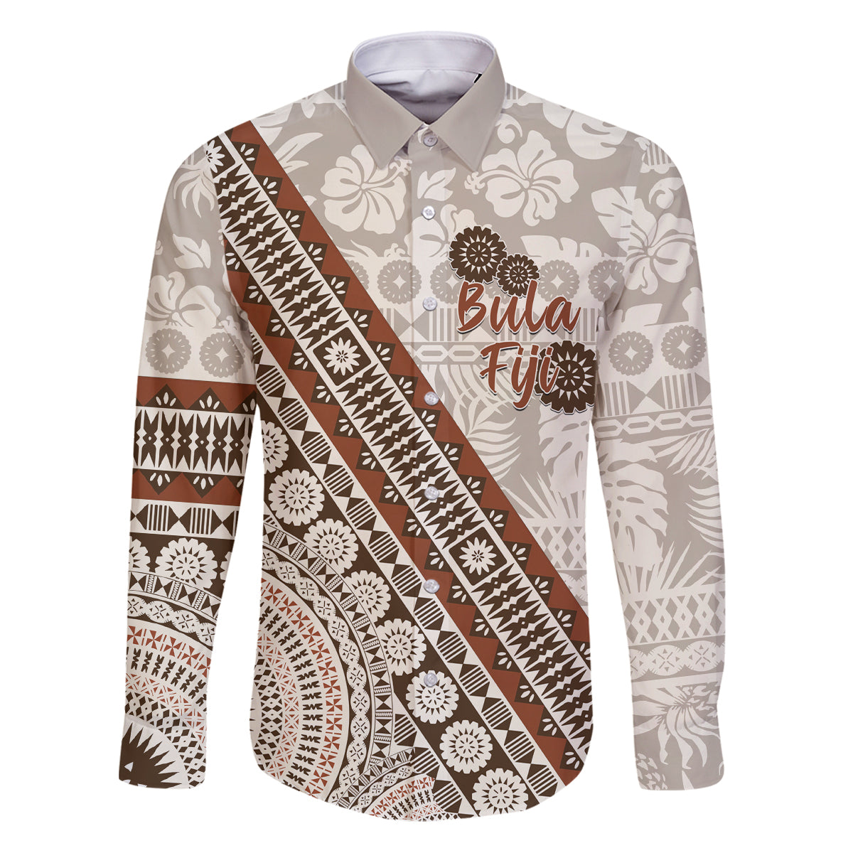 Bula Fiji Family Matching Puletasi and Hawaiian Shirt Fijian Masi Tapa Cloth Vintage Vibes LT14 Dad's Shirt - Long Sleeve Beige - Polynesian Pride