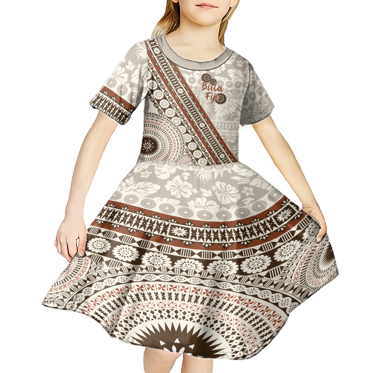 Bula Fiji Kid Short Sleeve Dress Fijian Masi Tapa Cloth Vintage Vibes LT14 - Polynesian Pride