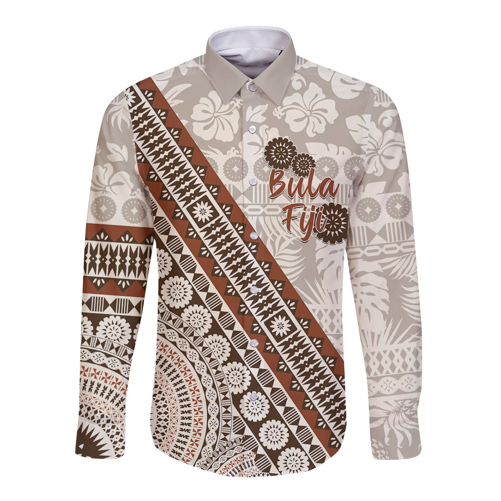 Bula Fiji Long Sleeve Button Shirt Fijian Masi Tapa Cloth Vintage Vibes LT14 Unisex Beige - Polynesian Pride
