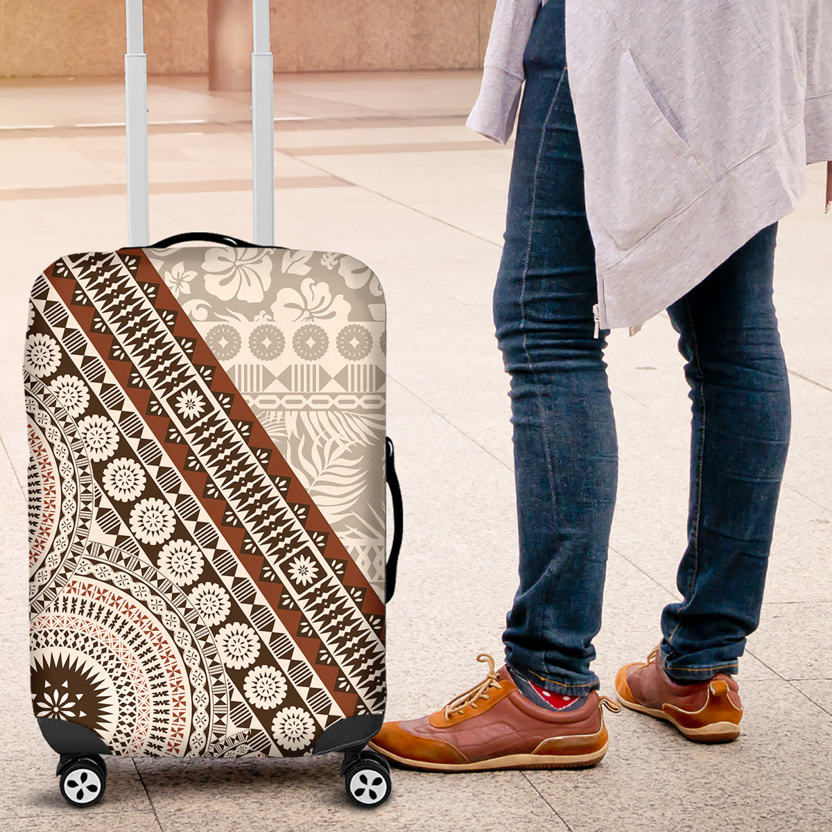 Bula Fiji Luggage Cover Fijian Masi Tapa Cloth Vintage Vibes LT14 Beige - Polynesian Pride