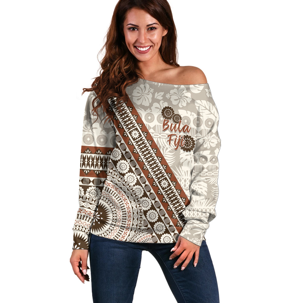 Bula Fiji Off Shoulder Sweater Fijian Masi Tapa Cloth Vintage Vibes LT14 Women Beige - Polynesian Pride