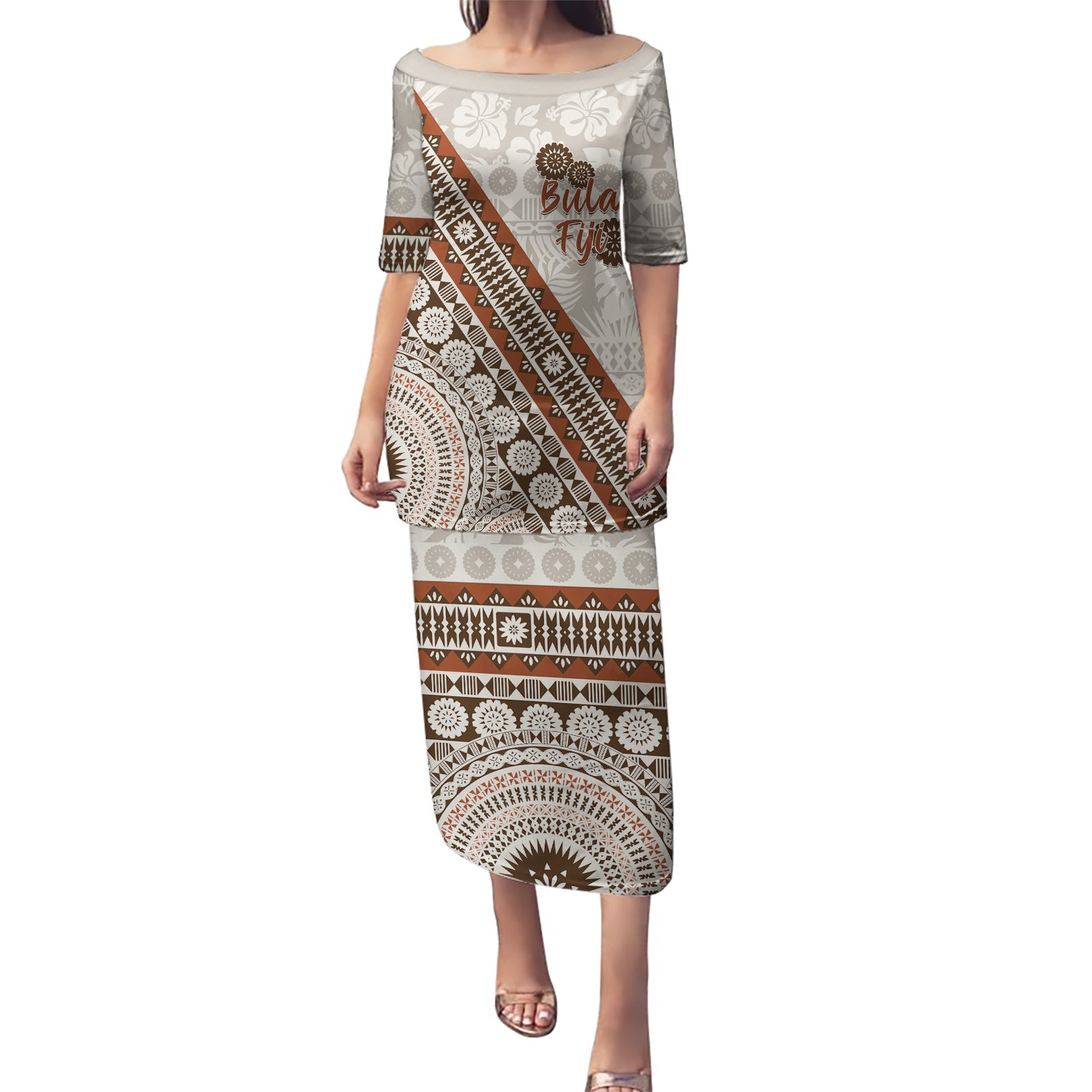 Bula Fiji Puletasi Fijian Masi Tapa Cloth Vintage Vibes LT14 Long Dress Beige - Polynesian Pride