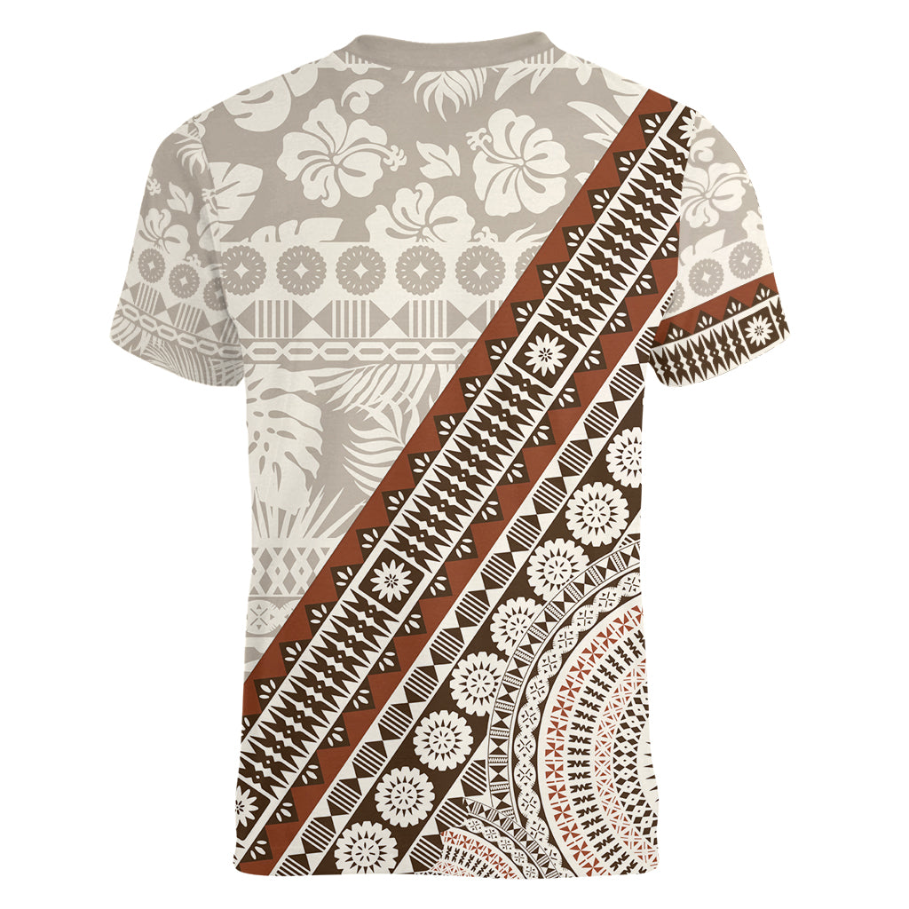 Bula Fiji Women V Neck T Shirt Fijian Masi Tapa Cloth Vintage Vibes LT14 - Polynesian Pride