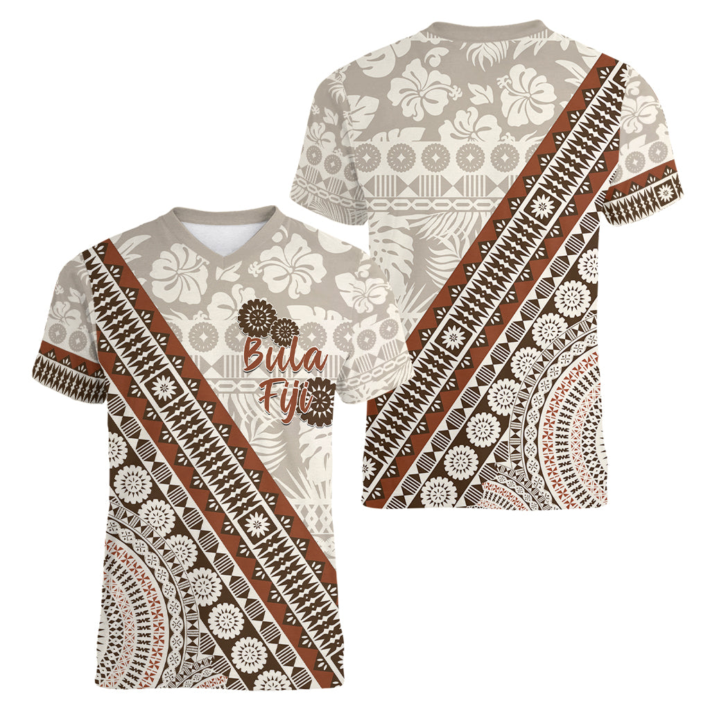 Bula Fiji Women V Neck T Shirt Fijian Masi Tapa Cloth Vintage Vibes LT14 - Polynesian Pride