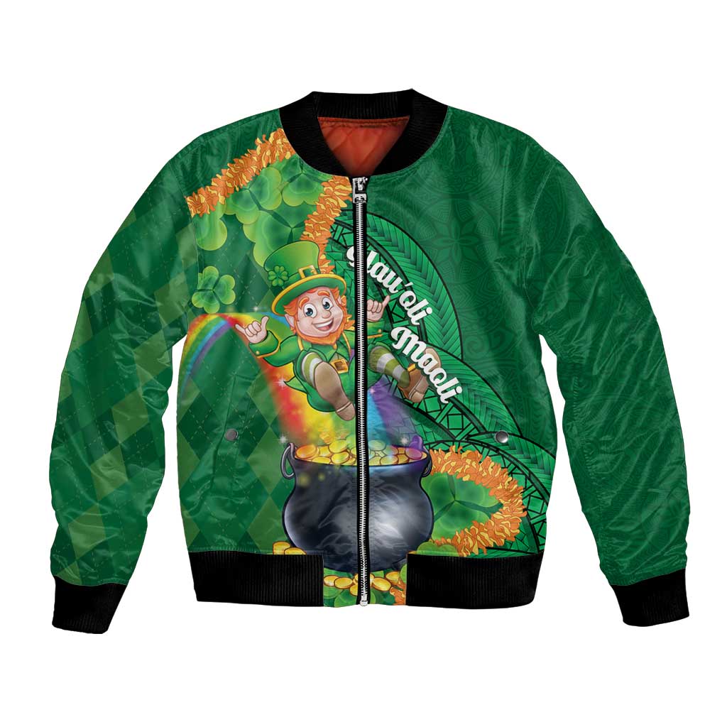 St Patrick's Day Hawaii Bomber Jacket Hauoli Maoli Funny Shaka Leprechaun LT14 Unisex Green - Polynesian Pride