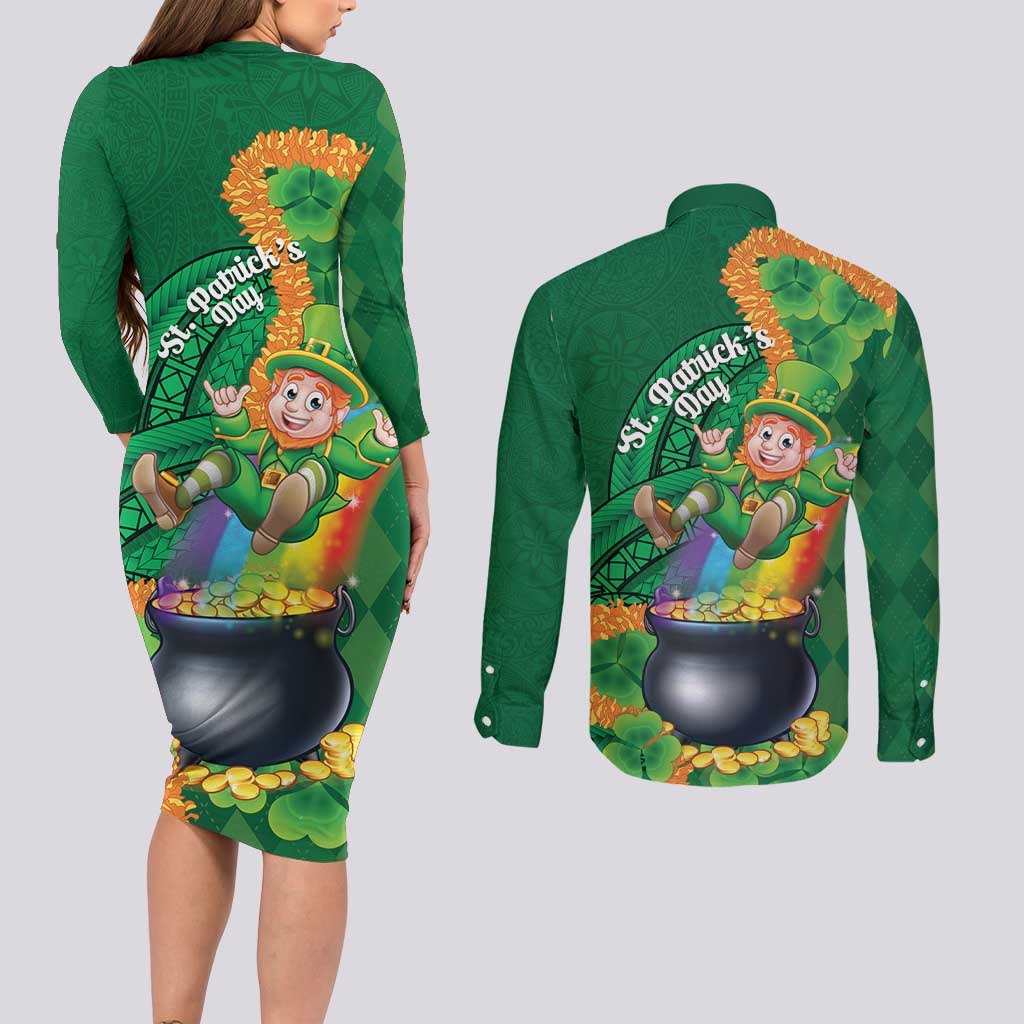 St Patrick's Day Hawaii Couples Matching Long Sleeve Bodycon Dress and Long Sleeve Button Shirt Hauoli Maoli Funny Shaka Leprechaun