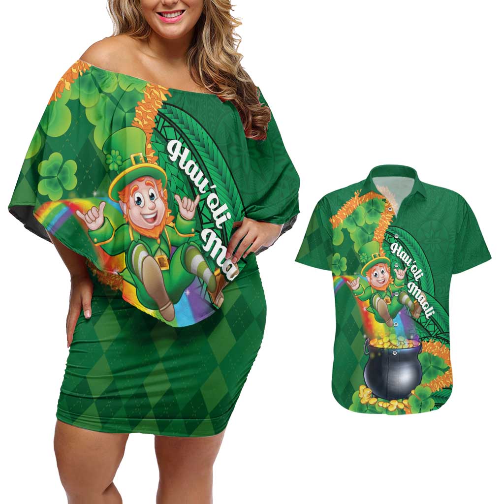 St Patrick's Day Hawaii Couples Matching Off Shoulder Short Dress and Hawaiian Shirt Hauoli Maoli Funny Shaka Leprechaun